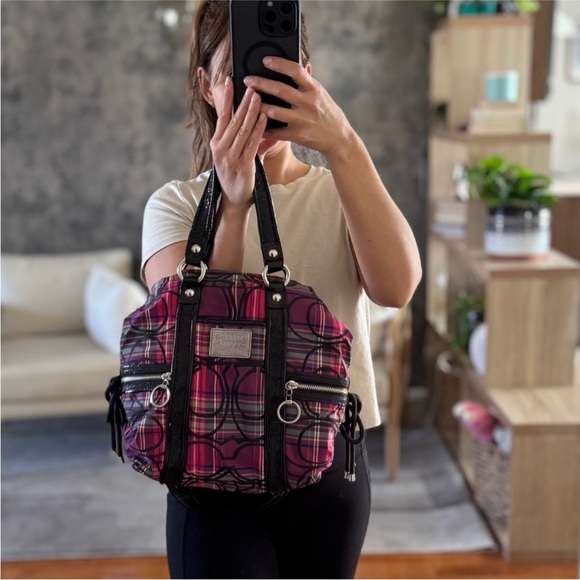 Coach Poppy Tartan Plaid Shoulder Bag with Black Trim